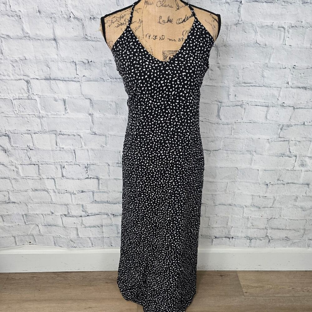 Old Navy maxi dress Sz LT adjustable straps polka dot black white A8